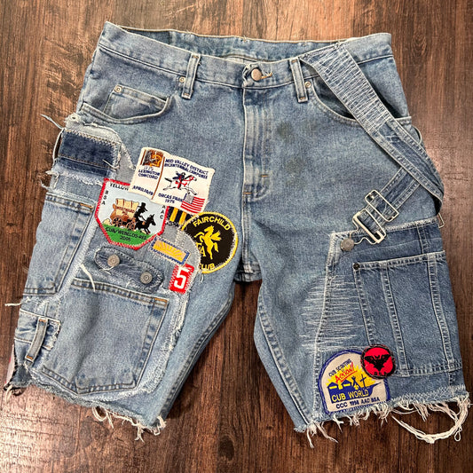 Patchwork overall denim shorts